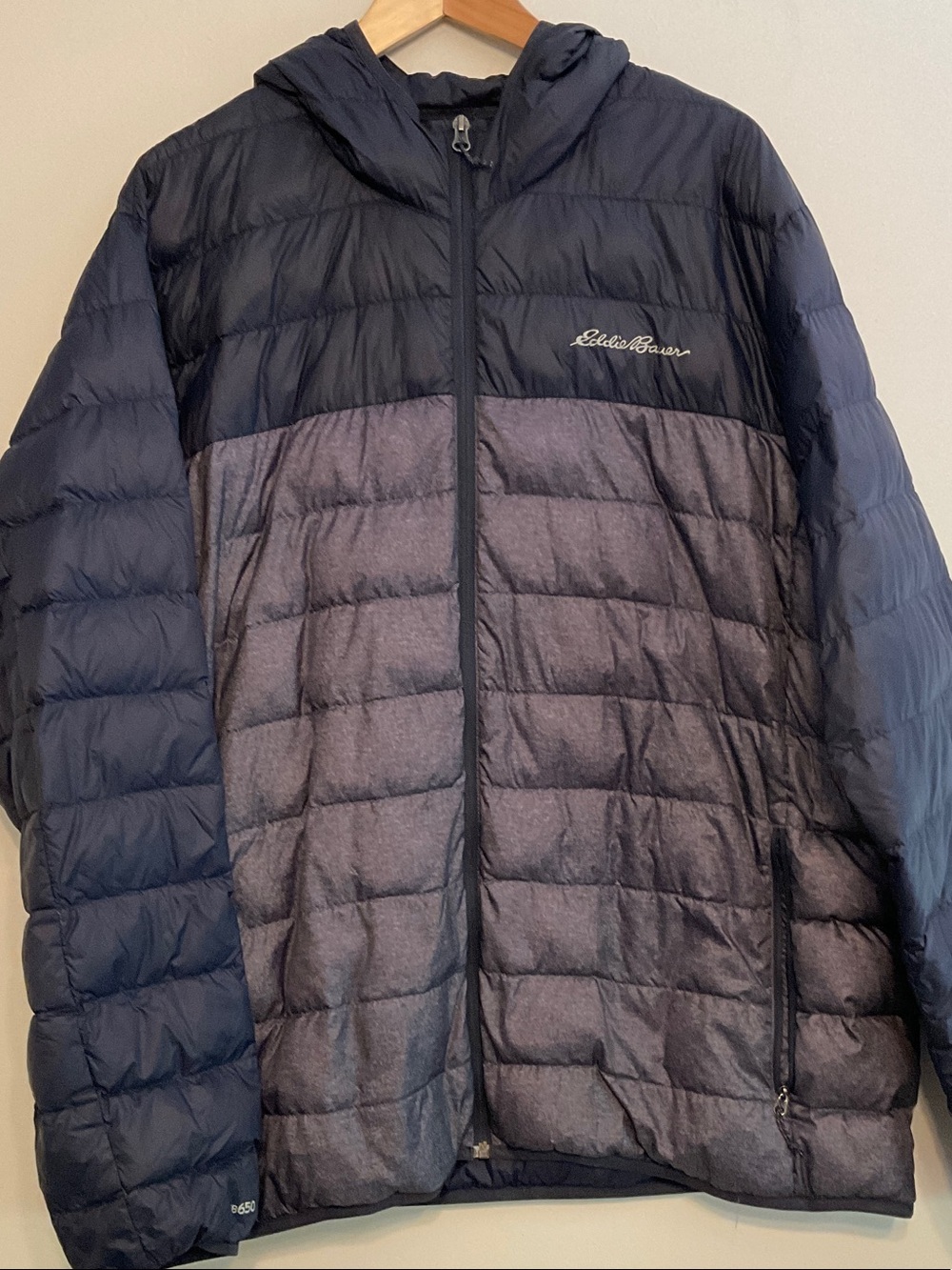 EDDIE BAUER CirrusLite down, real feathers, Navy-Gray Hooded Puffer Jacket EB650